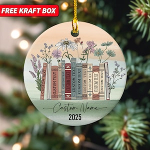Personalized Floral Books Ornament, Favorite Bookshelf Coffee Ornament, Bookworm Gift for Reader Ornament, Xmas Keepsake Gift for Book Lover