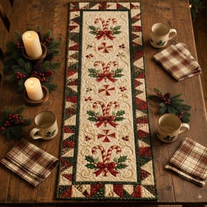May include: A rectangular quilted table runner featuring a cream-colored center with repeating candy cane and peppermint motifs, bordered by a geometric red and green pattern. The runner is surrounded by four mugs, two pillar candles, and napkins.