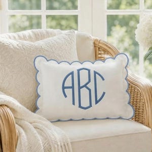 Personalized Scalloped Edge Lumbar Pillow Cover, Personalized Embroidered Throw Pillow, Bedroom Decor Pillow Cover, Monogram Pillow Cover
