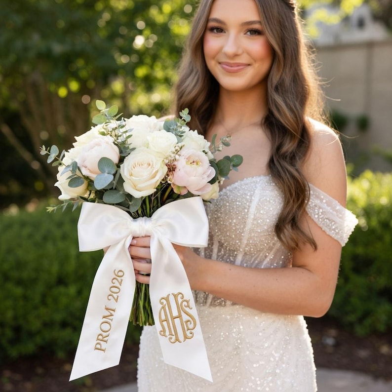 Prom Ribbon Embroidered Prom Bouquet Sash, Graduation Name Ribbon Bouquet Sash ...