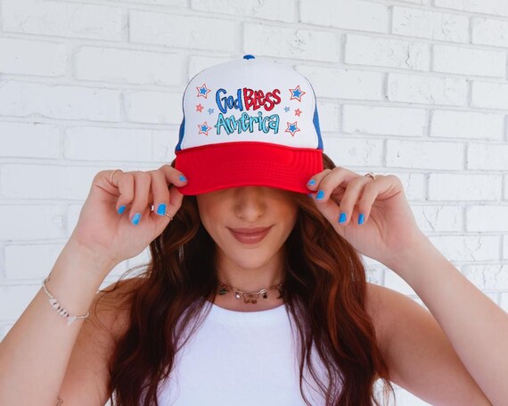 Patriotic \'God Bless America\'  Glitter Trucker Hat - Blue/Red/White God Bless America Trucker Hat: Patriotic Red White & Blue  main image 4