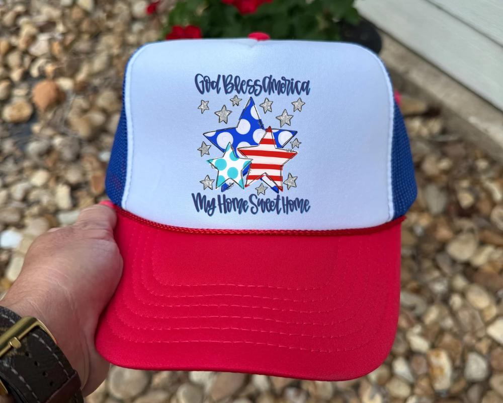 Patriotic \'God Bless America\'  Glitter Trucker Hat - Blue/Red/White God Bless America Trucker Hat: Patriotic Red White & Blue  main image 2