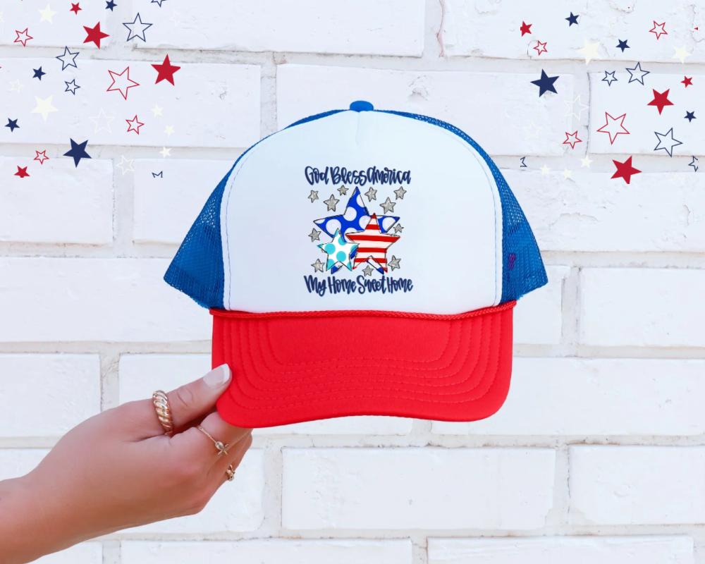 God Bless America Trucker Hat: Patriotic Red White & Blue 