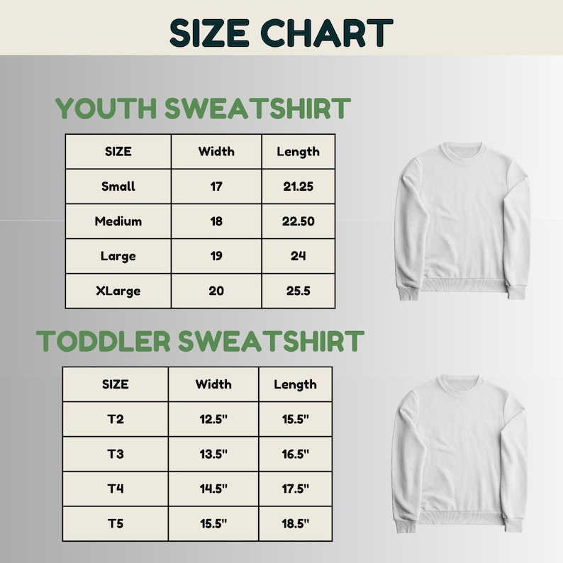 a size chart for two types of sweatshirts: a youth sweatshirt and a toddler sweatshirt. The chart provides the size, width, and length measurements for each type of sweatshirt, allowing for easy identification of the appropriate size for different age groups.