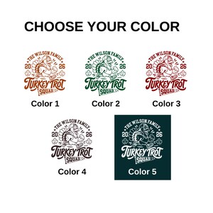 Matching family Thanksgiving shirts featuring a vintage Turkey Trot design in green, red, and rust orange. The mockup shows an adult shirt, baby bodysuit, and coordinating family tee with a running turkey, autumn leaves, “2026,” and personalized family name. Perfect for families participating in a Thanksgiving Turkey Trot, holiday run, family gathering, or Thanksgiving celebration.