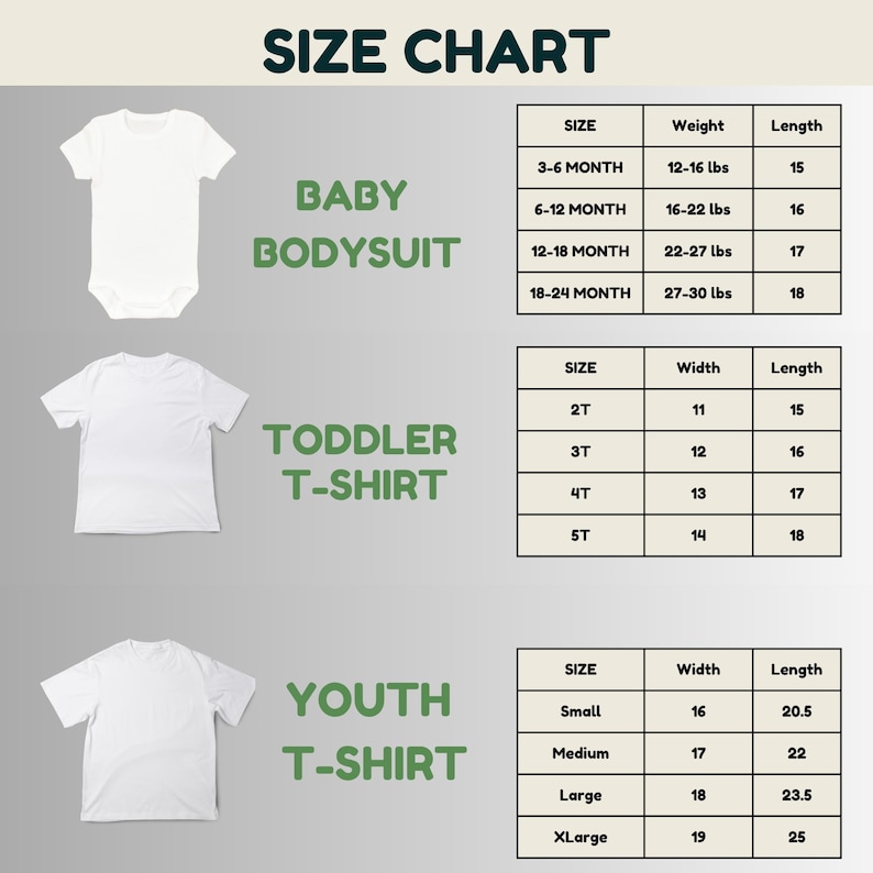 a size chart for three different types of t-shirts: a baby bodysuit, a toddler t-shirt, and a youth t-shirt. The chart provides the size, weight, and length for each type of t-shirt, allowing customers to choose the appropriate size based on their age and size preferences.