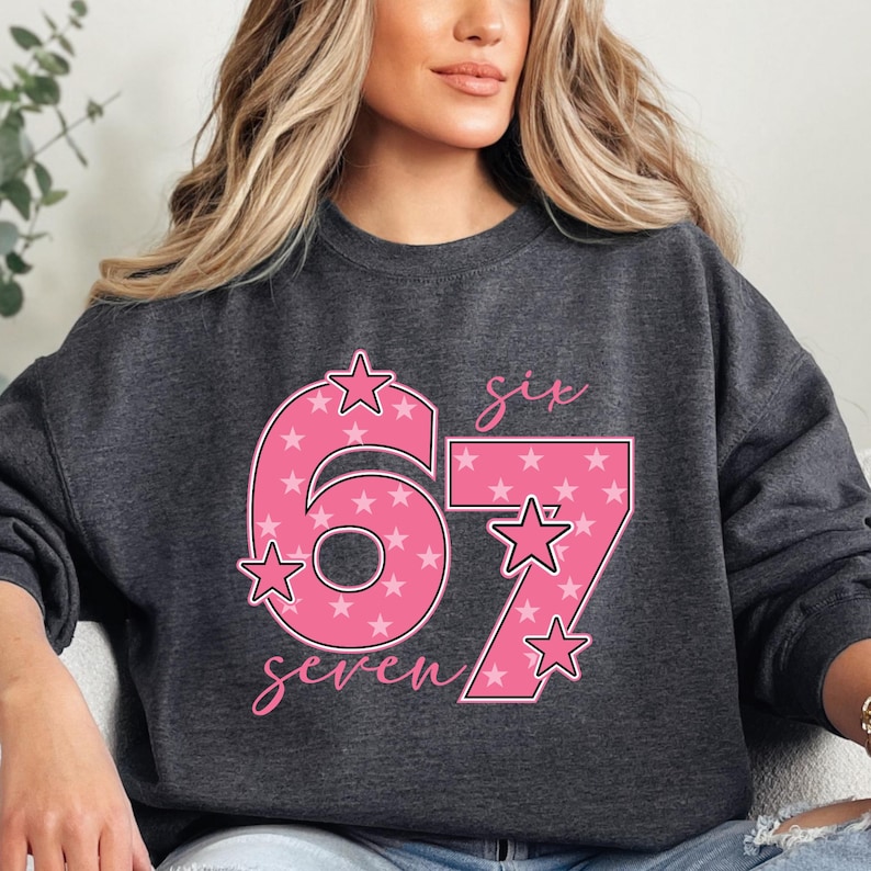 Pink 67 Meme Shirt, Six Seven Trend Tee, Funny Viral Number Sweatshirt ...