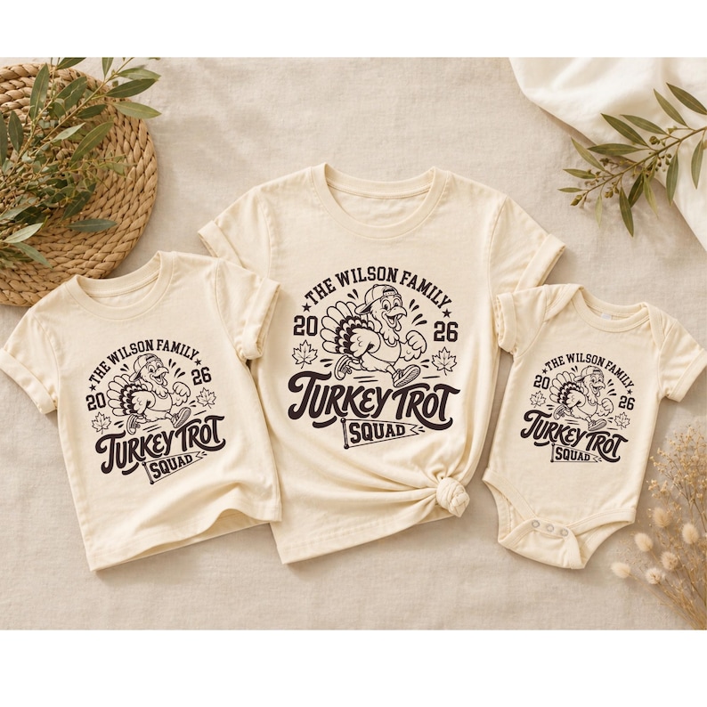 three beige t-shirts with a turkey trot design, along with a woven basket and some greenery, all arranged on a beige background.