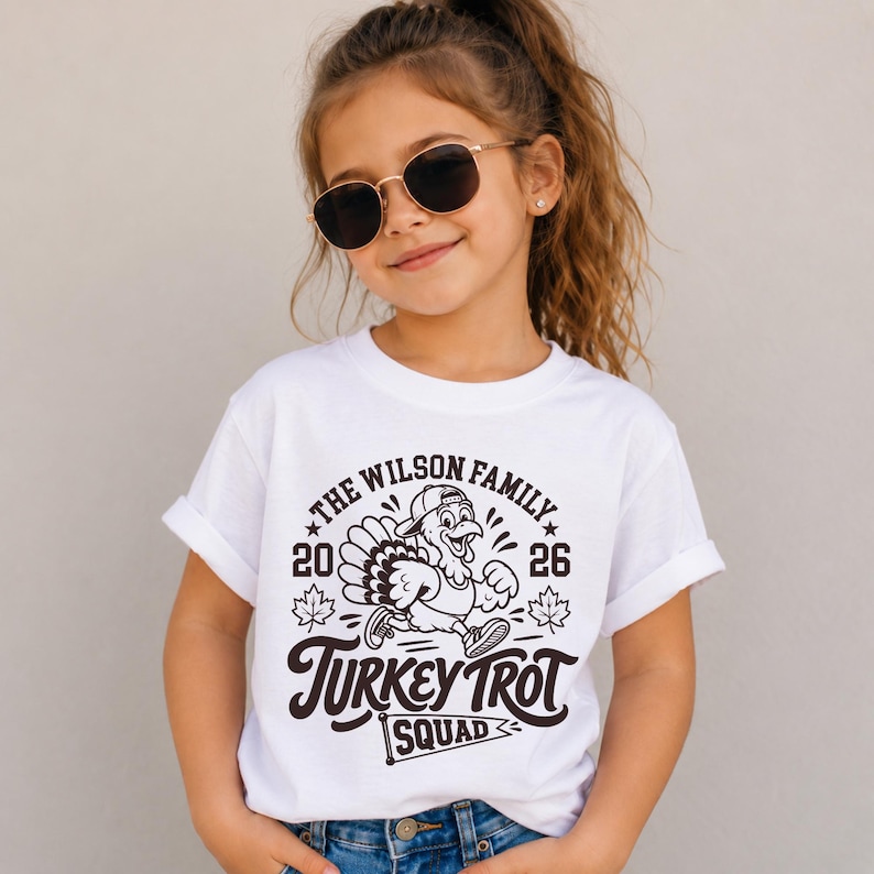 Personalized family Turkey Trot shirts shown in a Thanksgiving holiday mockup. Matching cream shirts include a vintage athletic turkey graphic, “Turkey Trot Squad,” family name, and 2026 year design. Coordinating adult and baby apparel makes a fun Thanksgiving outfit for families who run together, attend local Turkey Trot events, celebrate Thanksgiving Day, or want matching holiday family photos.