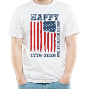 This Happy 250th Birthday USA shirt is a perfect choice for kids celebrating the 250th anniversary of America in 2026. Featuring a distressed American flag graphic, bold patriotic lettering, and the years 1776-2026, this design is ideal for Independence Day events, family matching outfits, school spirit days, and holiday photos. A great gift for boys and girls who love festive red, white, and blue apparel with a classic vintage look.