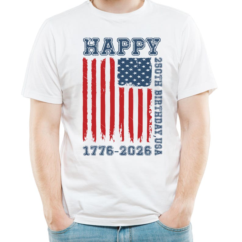 This Happy 250th Birthday USA shirt is a perfect choice for kids celebrating the 250th anniversary of America in 2026. Featuring a distressed American flag graphic, bold patriotic lettering, and the years 1776-2026, this design is ideal for Independence Day events, family matching outfits, school spirit days, and holiday photos. A great gift for boys and girls who love festive red, white, and blue apparel with a classic vintage look.