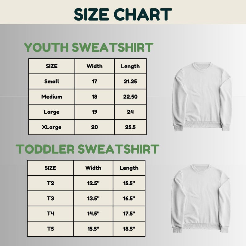 a size chart for two types of sweatshirts: a youth sweatshirt and a toddler sweatshirt. The chart provides the size, width, and length measurements for each type of sweatshirt, allowing for easy identification of the appropriate size for different age groups.