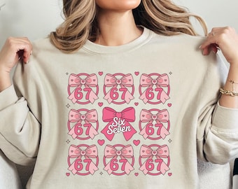Six Seven Coquette Bow Sweatshirt, 67 Meme Shirt, Six Seven Trend Tee, Funny Viral Number Sweatshirt, Colorful Retro Gen Z
