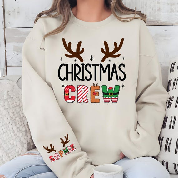 Personalized Reindeer Christmas Crew Sweatshirt, Toddler Sweater, Xmas Pajamas Top