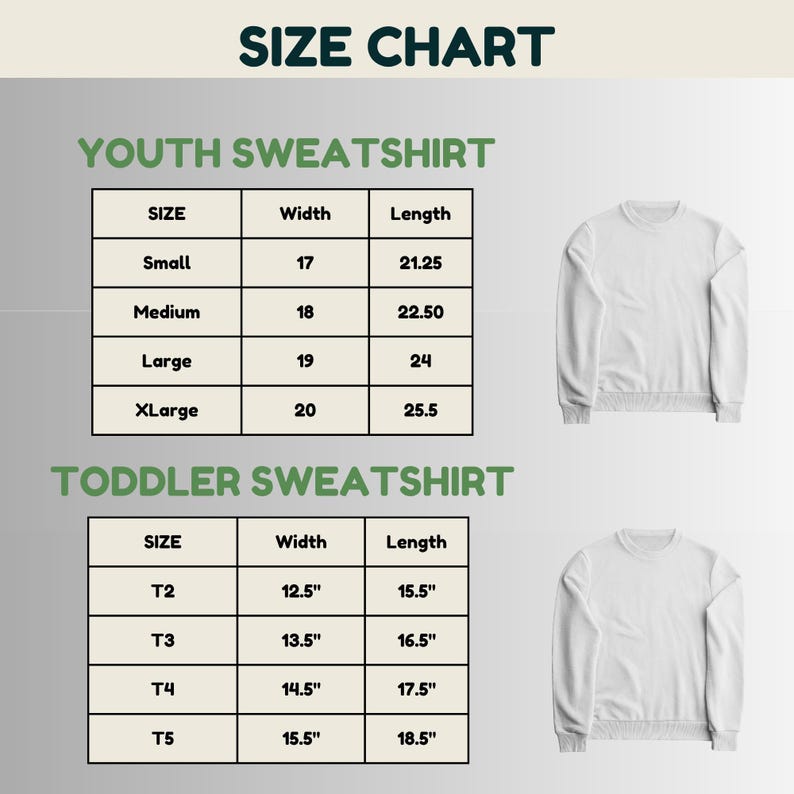 a size chart for two types of sweatshirts: a youth sweatshirt and a toddler sweatshirt. The chart provides the size, width, and length measurements for each type of sweatshirt, allowing for easy identification of the appropriate size for different age groups.