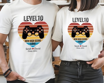 10th Wedding Anniversary, Gift for Husband Wife Personalization Level 10, Anniversary Gift, Gamer Husband Gift,Retro Video Game Shirt
