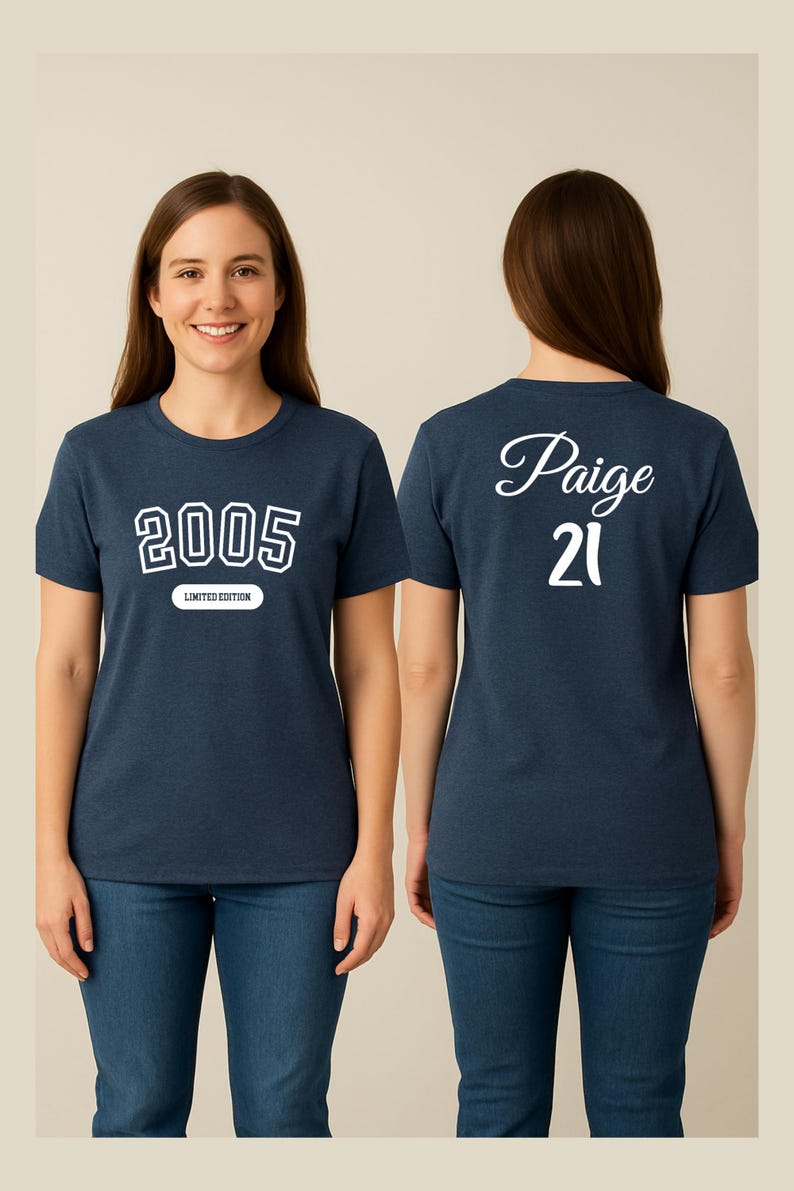 A woman wearing a navy blue t-shirt with the text "2005" and " Paige 21" printed on it.