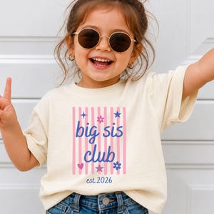 May include: A cream-colored short-sleeve t-shirt featuring a graphic with vertical pink stripes and the blue text "big sis club" along with "est.2026". The design includes small blue stars, pink flowers, and a pink heart icon on the front.