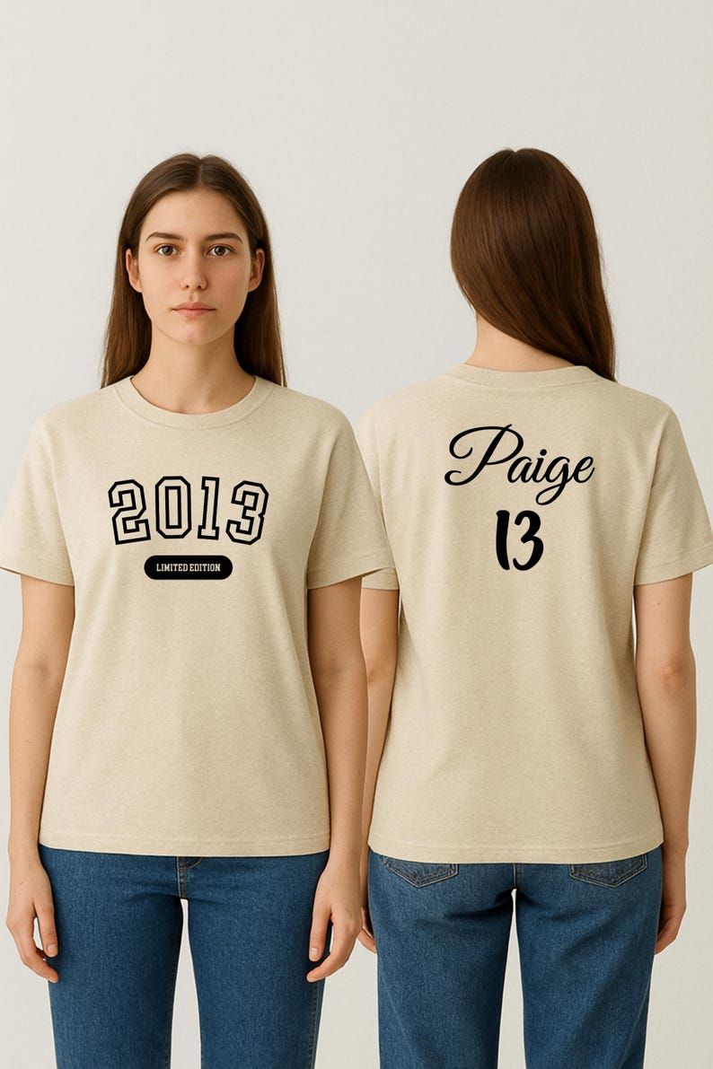 A woman wearing a 2013 limited edition t-shirt with the name " Paige" and the number "13" printed on the back.