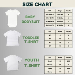 a size chart for three different types of t-shirts: a baby bodysuit, a toddler t-shirt, and a youth t-shirt. The chart provides the size, weight, and length for each type of t-shirt, allowing customers to choose the appropriate size based on their age and size preferences.