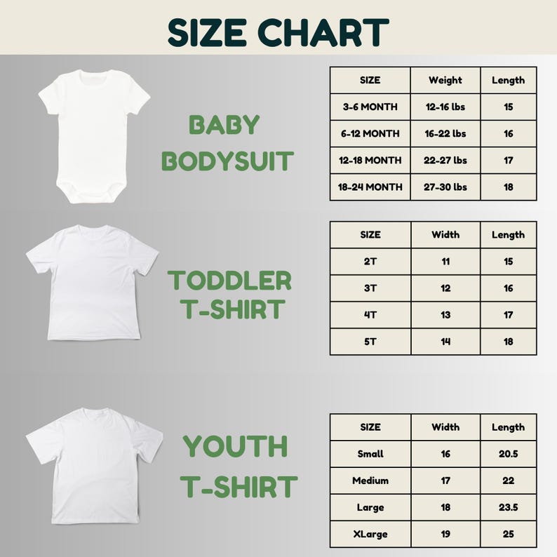 a size chart for three different types of t-shirts: a baby bodysuit, a toddler t-shirt, and a youth t-shirt. The chart provides the size, weight, and length for each type of t-shirt, allowing customers to choose the appropriate size based on their age and size preferences.