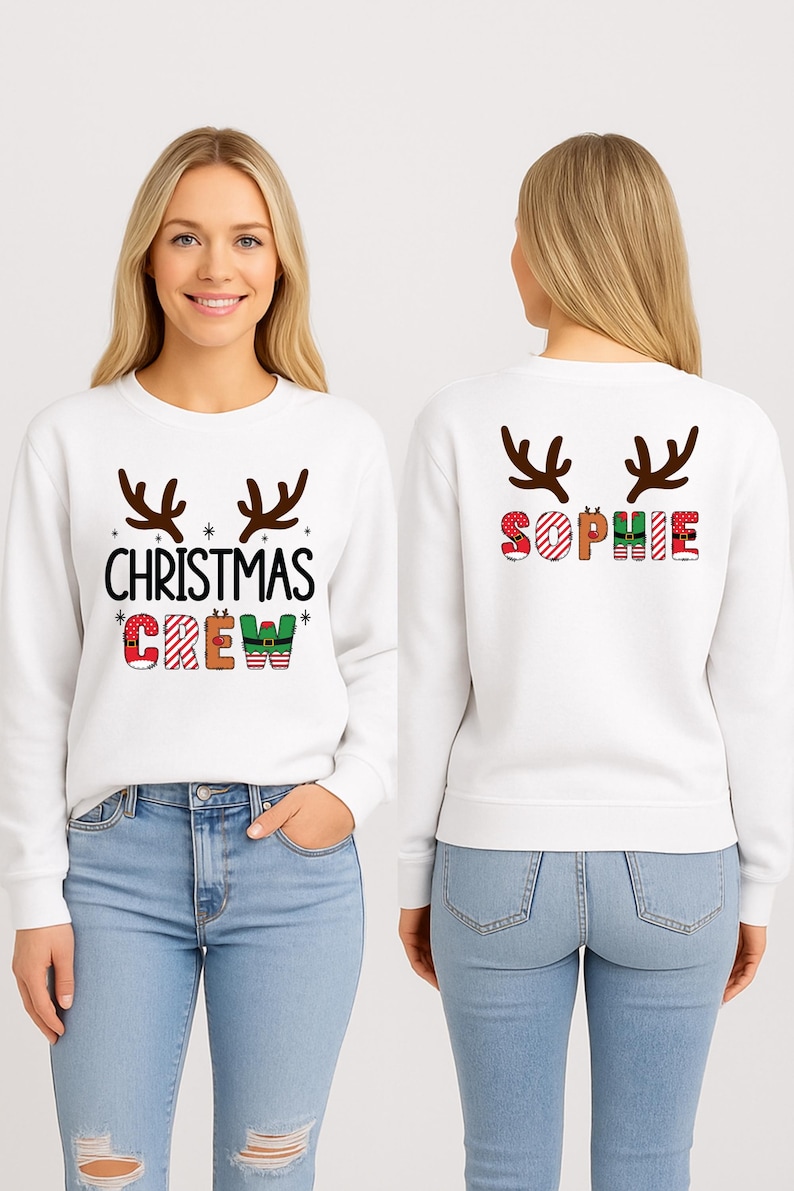 cute christmas crew sweatshirt with reindeer antlers and personalized sleeve name option, matching holiday family sweater for kids and adults, custom christmas shirt for winter celebrations, cozy xmas crew top with festive lettering, personalized holiday gift sweatshirt, christmas pajamas top for family photos, fun reindeer themed christmas sweater, holiday party outfit idea, custom name christmas crew shirt, adorable winter sweatshirt for holiday season