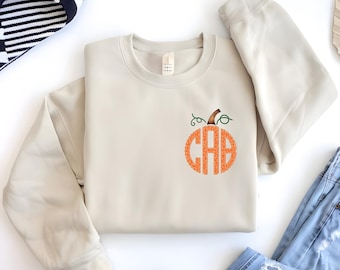 Thanksgiving Pumpkin Monogram Sweatshirt, Fall Kids Family Matching Outfits with Custom Initials