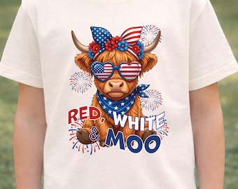Red White Moo Highland Cow Shirt, Patriotic 4th of July Kids Tee, USA 250th Anniversary