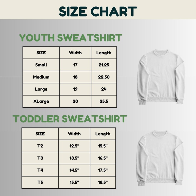 a size chart for two types of sweatshirts: a youth sweatshirt and a toddler sweatshirt. The chart provides the size, width, and length measurements for each type of sweatshirt, allowing for easy identification of the appropriate size for different age groups.