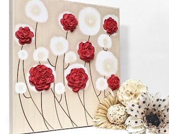 Sculpted Rose Painting on Small Canvas with 3D Flowers, Original Artwork