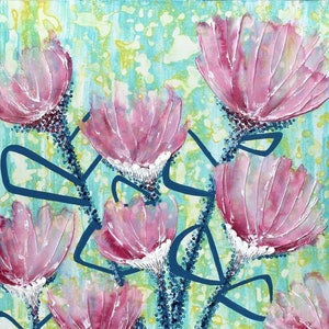 Colorful Flower Painting in Spring, Impasto Texture on Square Canvas Art Original, OOAK - 24x24