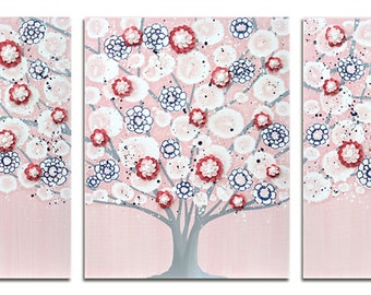Pink Tree Painting for Girl's Room Wall Decor with Textured Flowers on 3 Canvas Triptych, OOAK - Large 50X20