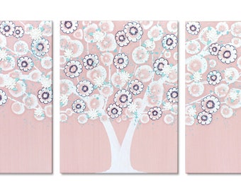 One of a Kind Nursery Art, Pink Painting of Tree for Baby Girl with 3d White Texture on 3 Piece Canvas Artwork Original - Large 50x20