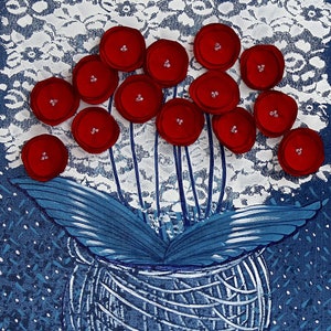 May include: A blue and white canvas painting of a bouquet of red flowers in a blue and white vase. The flowers are arranged in a cluster and are surrounded by a white background. The vase is a simple, round shape with a textured surface.