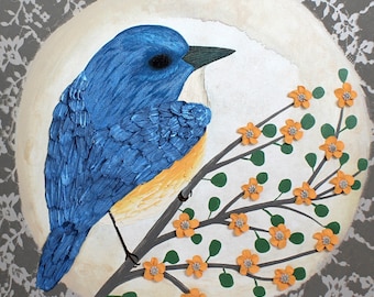 Textured Sparrow Painting: Blue, Gray, Orange, Flower Branch, Canvas 24x24