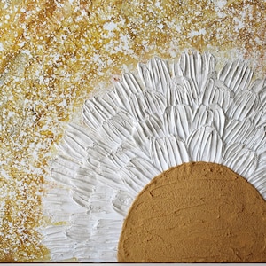 Sunset Painting on Canvas Original Art, Impasto Textured Sunburst Wall Art in Goldenrod Yellow, White - 20x20