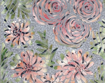 Jungle Floral Acrylic Painting on Canvas: Gray, Green, Pink, 24x24