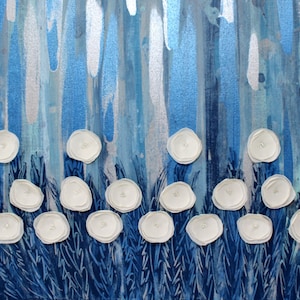 Blue Painting of Rain on Flower Field, Original Abstract Landscape with Metallic Silver, OOAK Art - 24x20