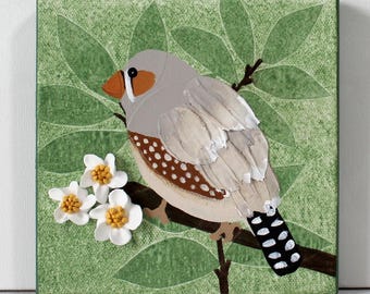 Zebra Finch Painting: Impasto Bird Art on Mini Canvas, 6x6