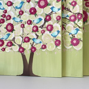 Colorful Painting of Blue Birds in a Green Tree with Sculpted Pink Flowers on 3 Canvases, Original Art - Large 50x20