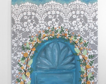 Painting of Blue Garden Door with Sculpted Yellow English Roses on Tall Canvas for Entryway Hall Art - 24X36