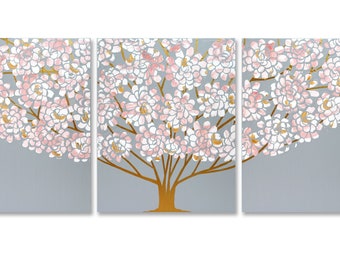 Floral Tree Painting: Pink, Gold, Gray, Large Canvas Triptych, 50x20