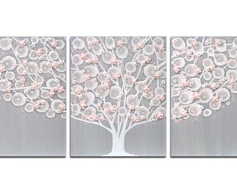 Sculpted Flowering Tree Painting: Gray and Pink Nursery Art, Large Canvas, 50x20