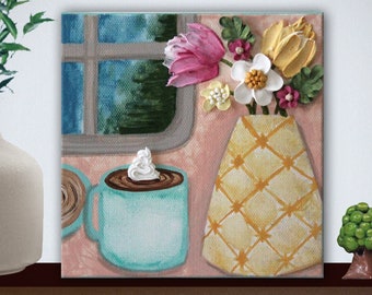 Coffee & Flowers Mini Painting: 3D Acrylic Impasto Canvas Art, 6x6