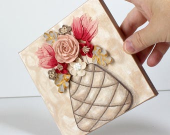 Little Painting of Peach Roses: Sculpted Bouquet on Mini Canvas Art - 6x6
