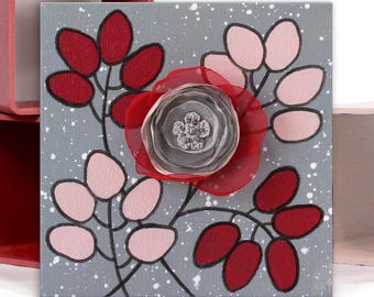 3D Floral Art: Gray, Red Rose Painting on Mini Canvas, 6x6