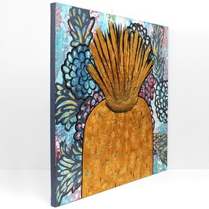 Kitchen Wall Art Painting of Golden Pineapple and Tropical Flowers on Canvas - 20x20