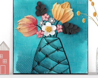 Textured Tulip Painting: Original Impasto Art on Mini Canvas, 6x6