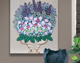 Country Style Wall Art for Entryway, 3D Sculpted Cottage Garden Bouquet Still Life on Canvas Original Art OOAK - 16x20