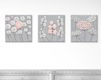 Gray and Pink Wall Art for Baby Girl's Room, Hand Painted 3 Piece Canvas Art with Sculpted Flower Texture - 32x10